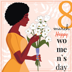 African American beautiful woman. Vector illustration. Girl with a bouquet of flowers in her hands. March 8. International Women's Day