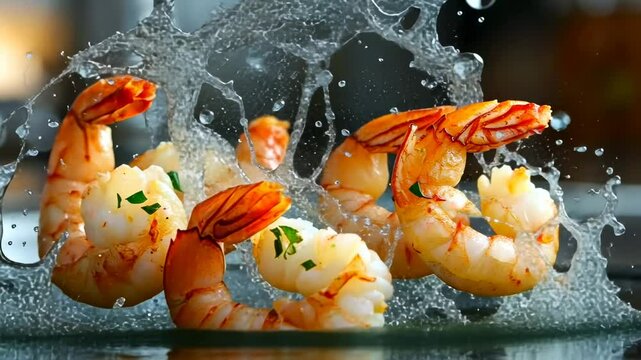 Cooked shrimp splashing in water on a pan