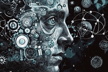 Obraz premium Fusion of Technology and Intellect: Engraved Portrait with Gears and Atoms