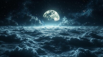 Lunar Landscape with Moon Overlooking a Starry Night Sky and Clouds Below. Generative AI