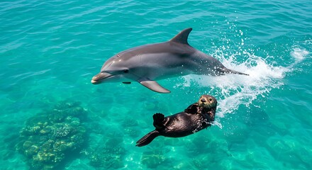 Obraz premium Dolphin and Otter Aquatic Ballet: Vibrant Turquoise Ocean Scene