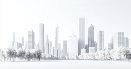 Fototapeta premium Skyscrapers dominate the Chicago skyline, creating a stark contrast with white trees under a clear blue sky, showcasing urban beauty