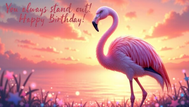 Vibrant flamingo against a colorful sunset background with a birthday greeting and cheerful text