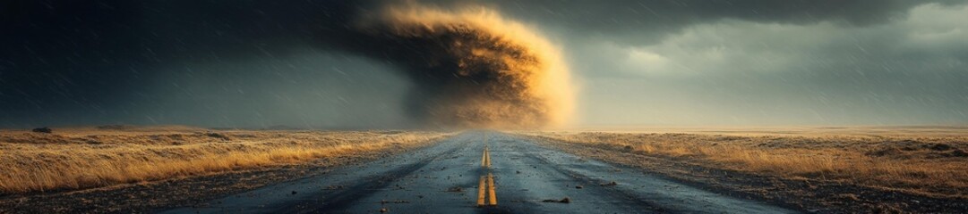 Powerful Tornado Moving Across an Isolated Road with Violent Winds and Debris. Generative AI