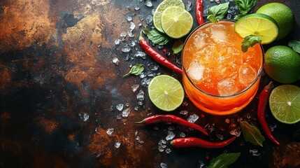 Refreshing drink with chili peppers lime and ice on a dark textured background. Generative AI