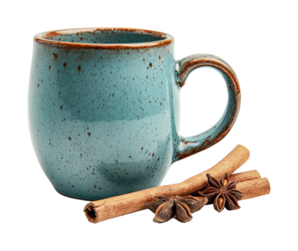 Ceramic mug with cinnamon sticks and star anise creating a cozy, warm beverage concept for fall or winter gatherings, cut out