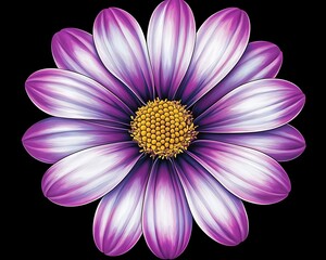 Obraz premium Purple daisy flower blossom, digital art, isolated, black background, design element