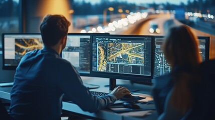 Transportation planners analyzing traffic data in urban environment digital workspace insightful analysis