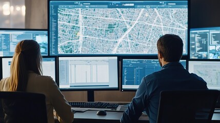 Traffic analysis team conducts studies in urban transportation planning environment office view data insights