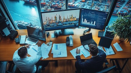 Marine logistics analysis team port office business meeting urban environment aerial view strategic planning