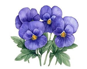 Fototapeta premium Purple pansies blooming, isolated, white background, artistic illustration, for spring design