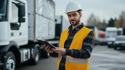 Obraz premium Close-up view of supervisor managing truck departures in an efficient industrial logistics yard
