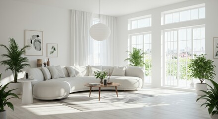 A bright and spacious modern living room with white walls and a mix of Scandinavian inspired furniture
