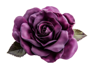 Elegant dark purple fabric rose with green leaves for decorative purposes, perfect for crafts and events, cut out