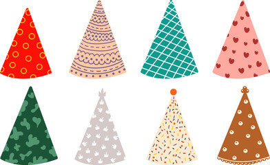 Set of birthday caps with different patterns. Cute colorful hats for greeting cards, stickers, designs. Carnival paper hat. Party cone.