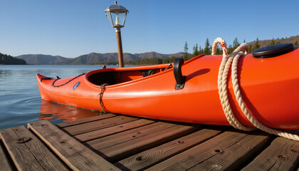 Red kayak secured with a rope on a wooden dock, overlooking a calm lake with clear blue skies and distant mountains