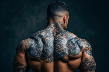 Muscular Back with Intricate Tattoo - A rear view of a muscular man showcasing a large, detailed back tattoo against a dark background