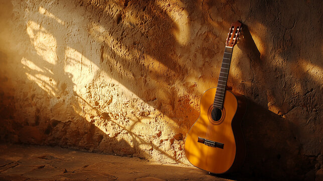 A rustic Spanish guitar against a weathered stone wall