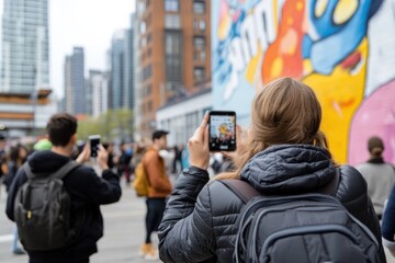 A lively urban scene where individuals capture moments in front of a vibrant mural, reflecting the interaction of art and social media in a contemporary setting.