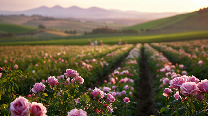 Obraz premium A serene valley of blooming roses at dawn