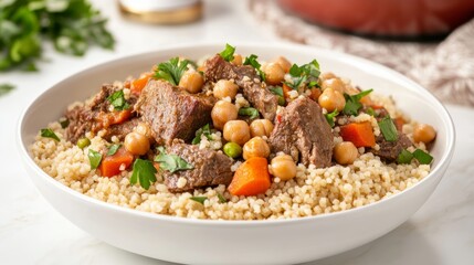 Fototapeta premium Traditional Moroccan couscous served with lamb, vegetables, and chickpeas in a colorful ceramic dish