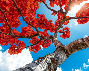 Red leaves tree soaring, sun shining, blue sky background for nature, tranquility or design inspiration