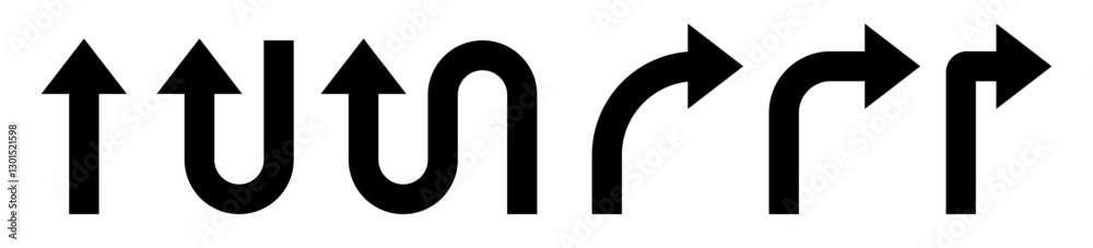 Poster go straight, u turn, right and left, this way, one way, only u turn black arrow sign direction icon 