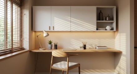 Fototapeta premium A modern minimalist home office with a floating wooden desk attached to a light beige wall