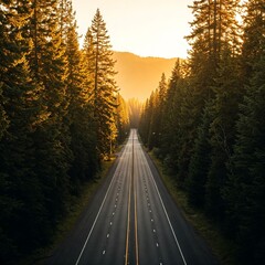 Fototapeta premium sunset in the forest and road 