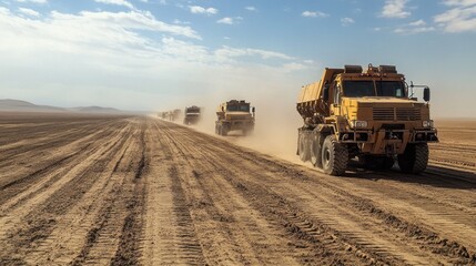 Naklejka premium A convoy of seismic exploration vehicles moves through a dusty desert terrain, preparing for a new survey. The remote location highlights the challenging environment for the operation