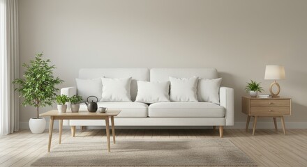 A serene Scandinavian style living room featuring a crisp white fabric sofa with wooden legs set against a soft beige wall