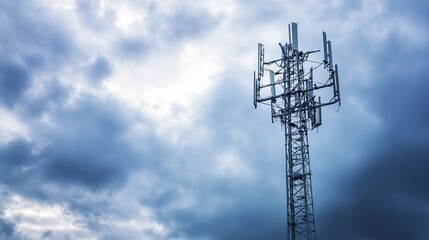 Closeup of an antenna mast with various antennas for mobile communication global network and data transfer beneath a cloudy sky