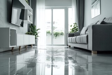 Flooded modern living room with water damage on floor.