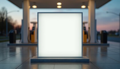 Clean white sheet on stand at modern gas station during evening