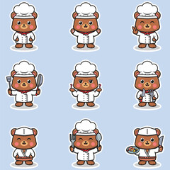 Vector Illustrations of cute Bear chef mascot cartoon character. Illustration Collection of Bear icon isolated. This is Vector Illustration.