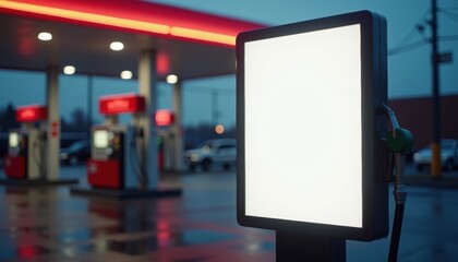 Blank white sheet on stand at gas station self-service kiosk