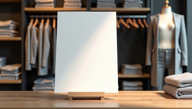 Blank white sheet on stand on wooden table in clothing store