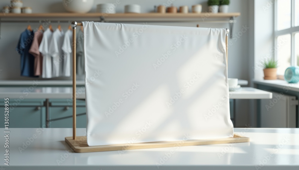 Poster Photorealistic mockup of a blank white sheet without text on a stand placed on a dry cleaning table with a clean and bright environment, slightly blurred background with freshly cleaned clothes and la