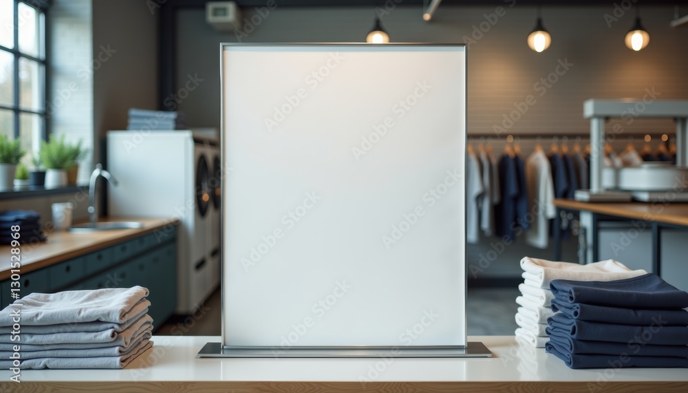 Poster photorealistic mockup of a blank white sheet without text on a sleek metal stand at a dry cleaning w