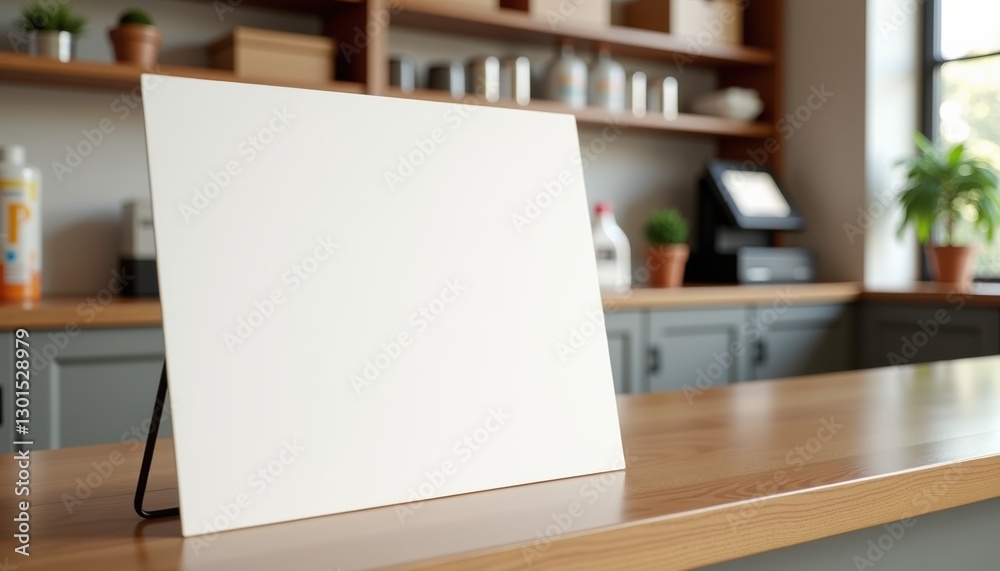 Poster photorealistic mockup of a blank white sheet without text on a stand at a dry cleaning reception des