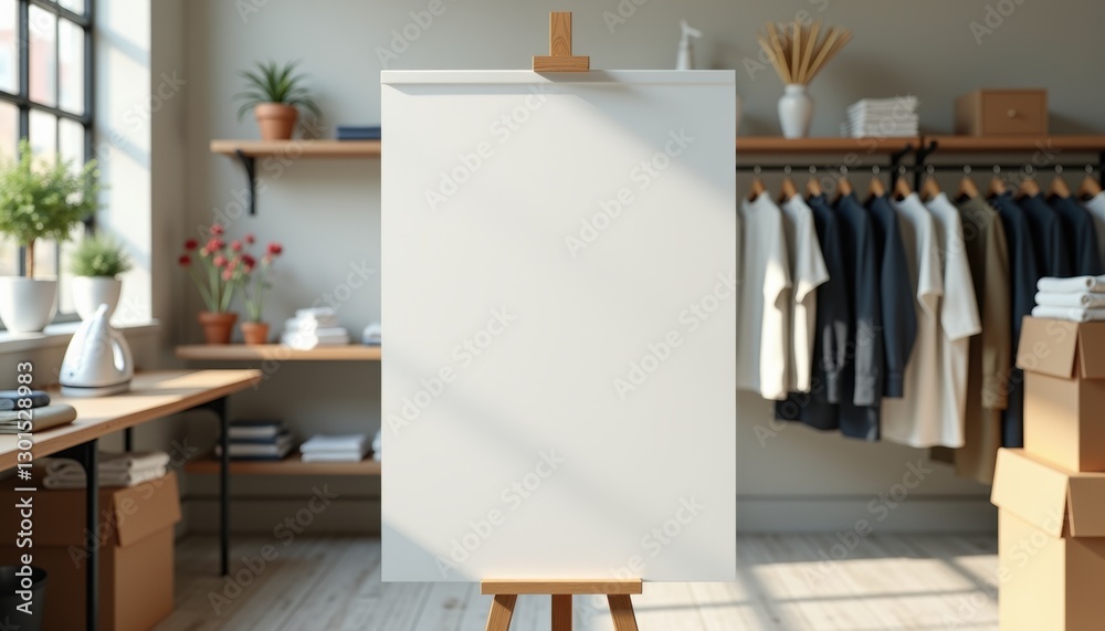 Poster Photorealistic mockup of a blank white sheet without text on a wooden stand at a dry cleaning shop’s customer service table with soft natural lighting, slightly blurred background with freshly pressed