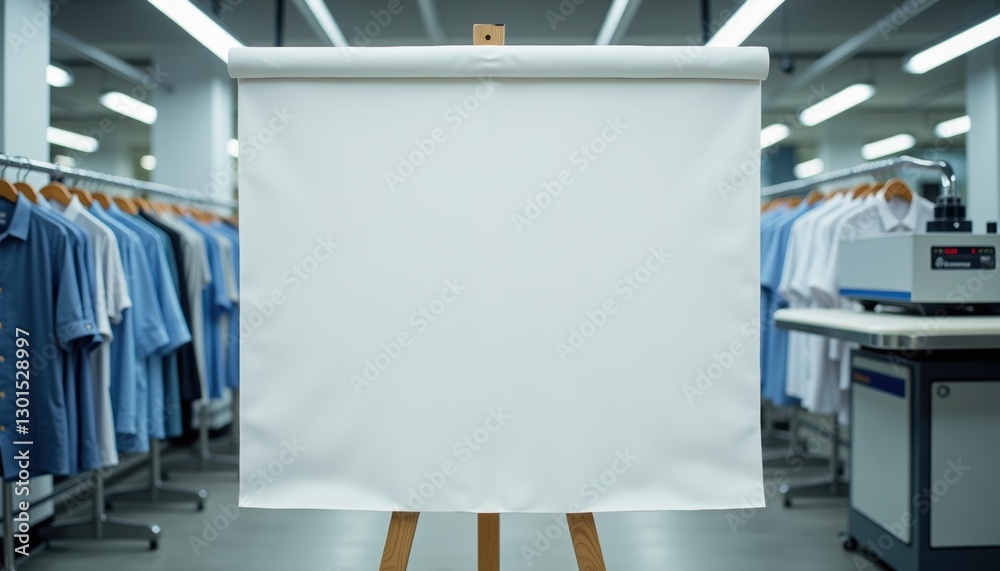 Poster photorealistic mockup of a blank white sheet without text on a stand at a dry cleaning quality contr