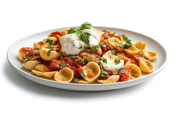 A plate of orecchiette with rich tomato basil sauce and creamy burrata, elegantly presented on a white background.