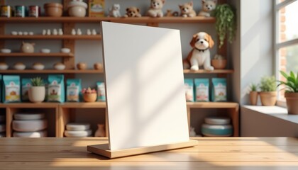 Blank white sheet on stand on wooden table in pet store