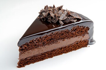 A rich chocolate cake with a glossy ganache topping, elegantly placed on a white background