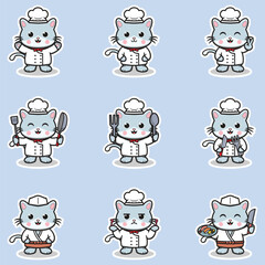 Vector Illustrations of cute Cat chef mascot cartoon character. Illustration Collection of Cat icon isolated. This is Vector Illustration.