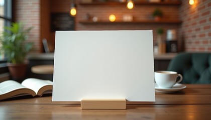 Photorealistic mockup of a blank white sheet without text on a wooden stand at a reserved table in a stylish coffee shop with cozy lighting and a slightly blurred background featuring an open book, co