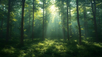 Obraz premium Dense Forest with Tall Trees and Soft Sunlight Filtering Through Lush Green Foliage – Generative AI