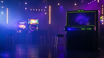 Obraz premium A vibrant arcade scene featuring neon lights and game machines, perfect for capturing fun gaming moments.