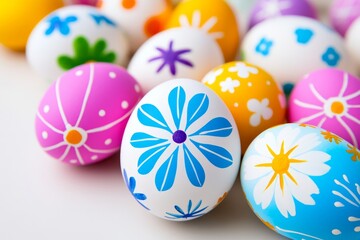 Colorful Easter Eggs with Floral Designs - Close-up of several hand-painted Easter eggs, each adorned with unique floral patterns in bright colors. Perfect for spring celebrations